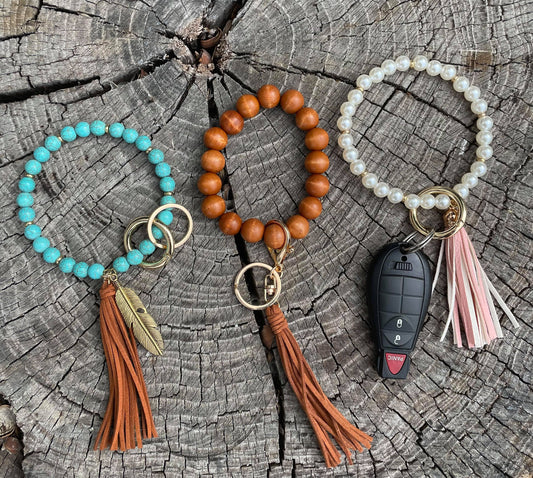 Wood Bead Bracelet Keychain | Natural Wristlet Key Holder