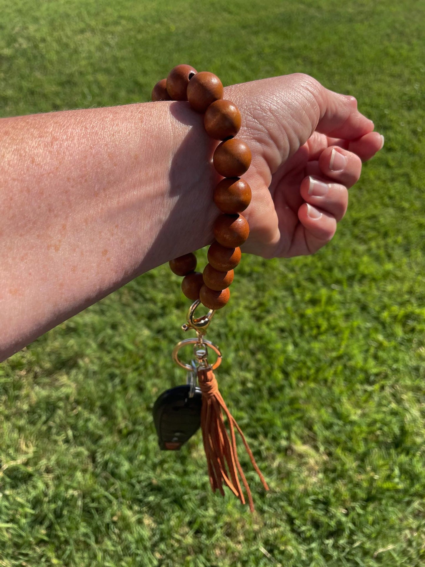 Wood Bead Bracelet Keychain | Natural Wristlet Key Holder